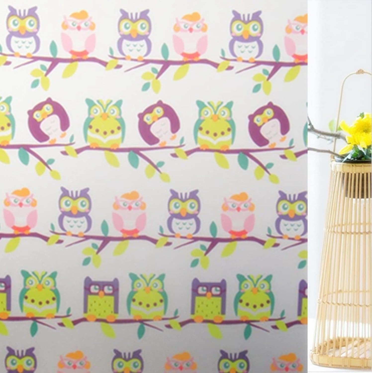 窓フィルム ふくろう かわいい柄 外から見えない 目隠しシート 梟 ウィンドウフィルム 水だけで貼れる ..