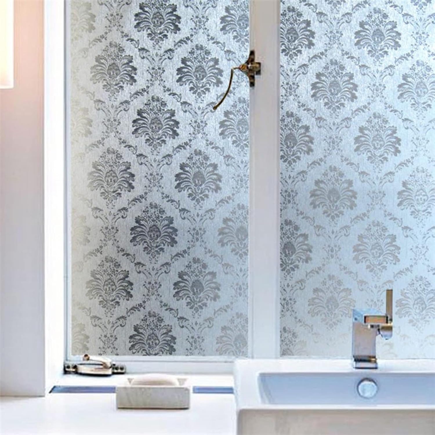 目隠しシート すりガラス調 ダマスクローズ 花柄 窓ガラスフィルム UVカット 外から見えない 遮光 水だ..