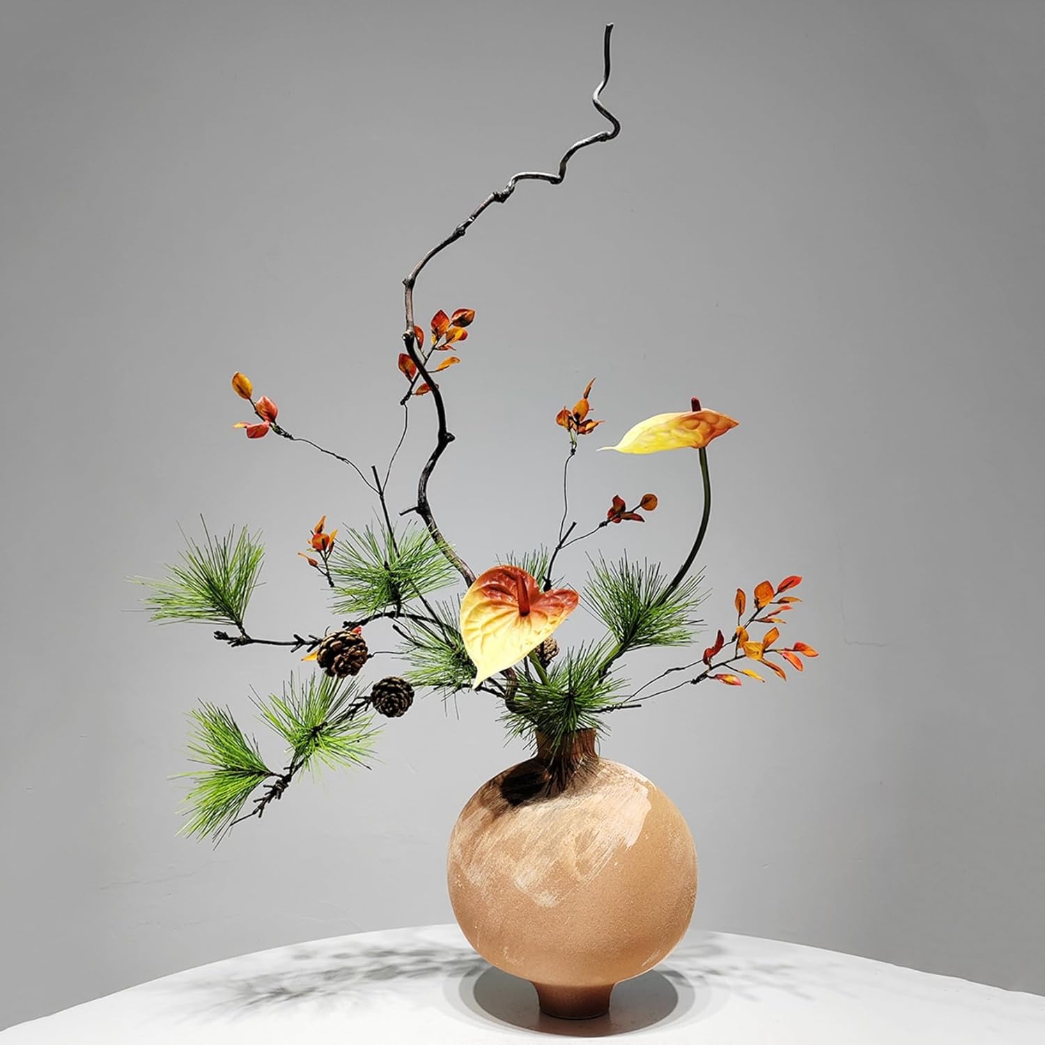 造花 インテリア 枝 松の実 造花アレンジ 生け花 枯れない花 陶器花瓶付き 水やり不要 室内 和モダン ..