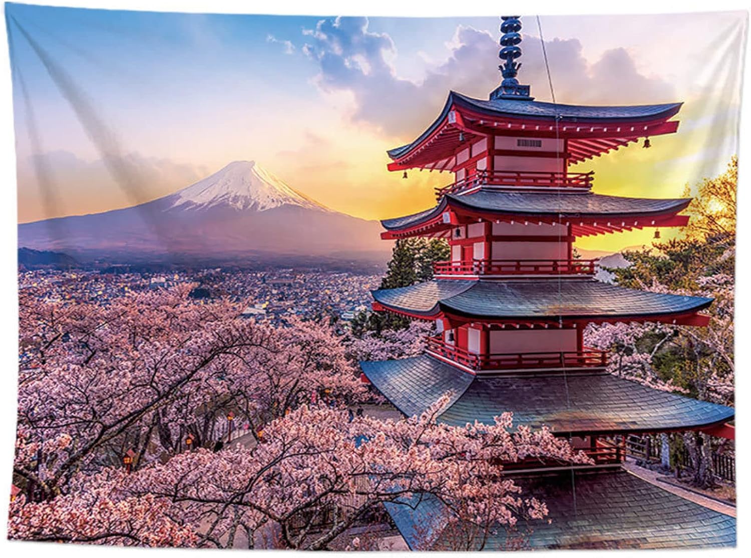 タペストリー 風景タペストリー 大判タペストリー 桜 和風 180*230 富士山 日没 川 リビングルーム ピ..