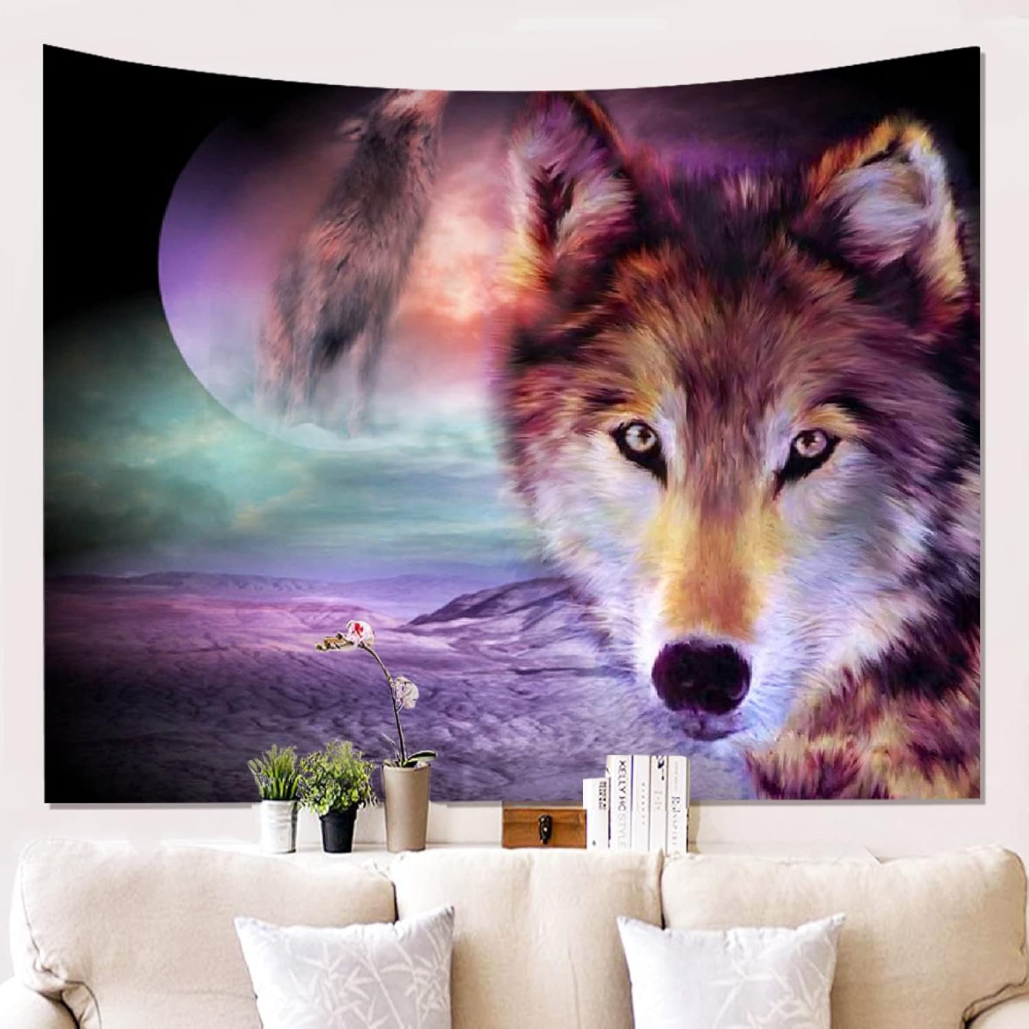 ファンタジー 星月夜 オオカミの頭 タペストリー デザイン フォレスト壁掛け 部屋の装飾 150*130cm リビングルーム 寝室 ヒッピー サイケデリック アート 装飾 ホーム 寮用 ホームデコ