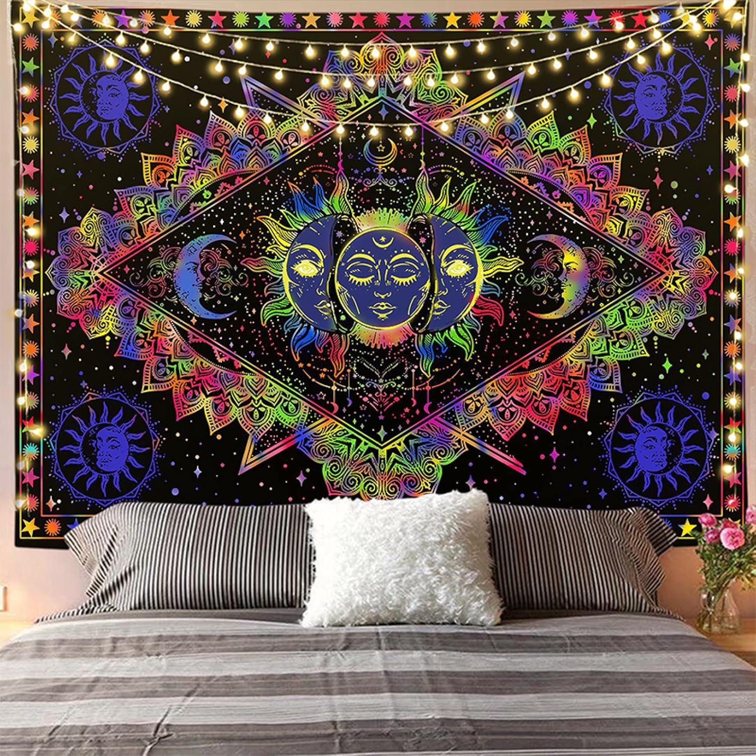 ムーンフェイズ 星 小さな壁タペストリー 星座 宇宙 カラー 花 黒と白の壁掛けアート リビングルーム ..