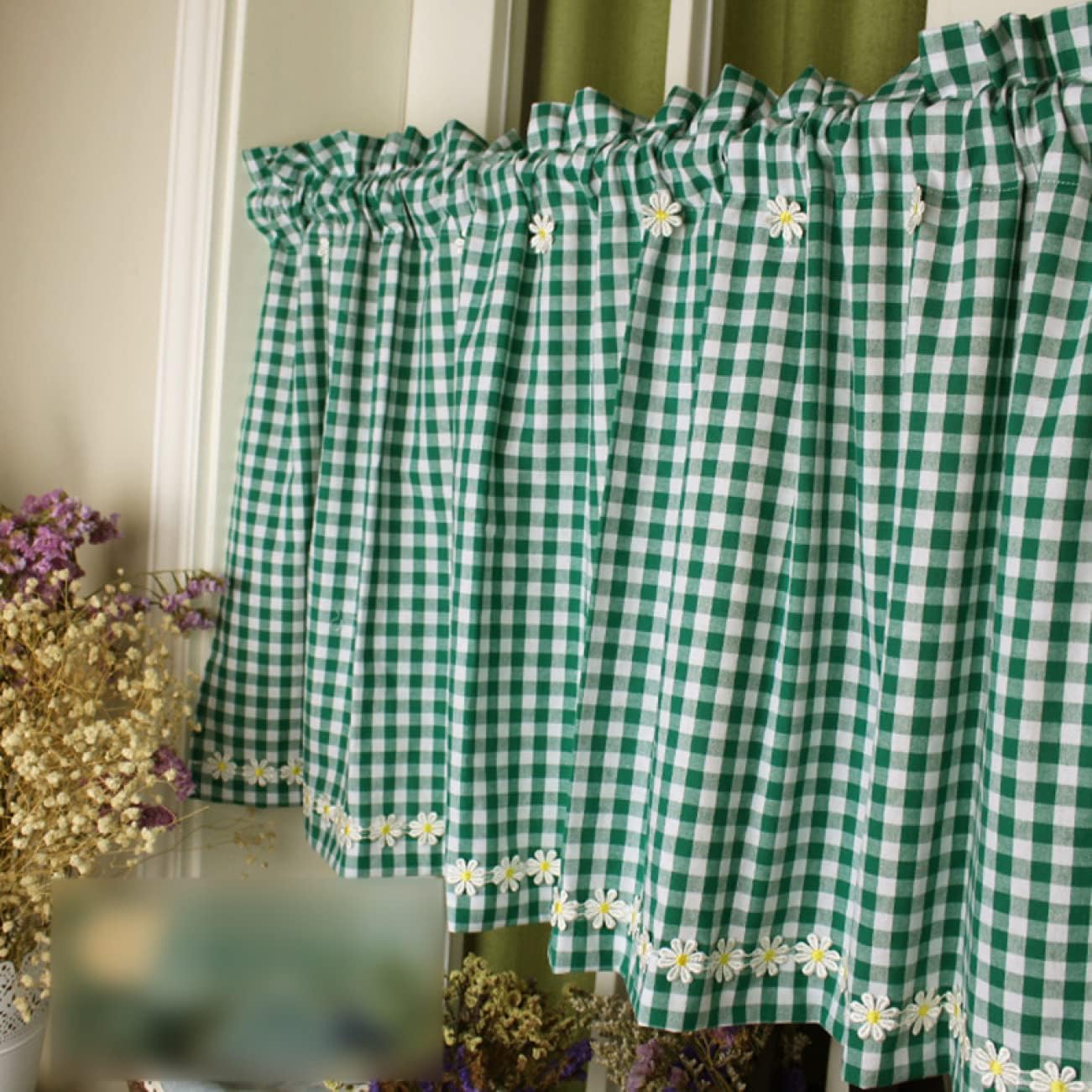 カフェカーテン 小窓用 カーテン 綿 北欧 おしゃれ かわいい 姫系 フリル カフェ屋 キッチン グリーン ..