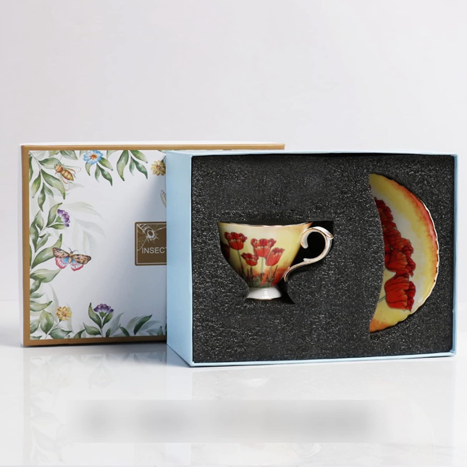 1/2客セット カップ＆ソーサー＆匙 ティーセット ケシ柄 セラミック ゴールデンリム ウォーターカップ ヨーロッパ風 食器 コーヒーマグ 来客用 自宅 彼女 パーティー用 ミルクティー 紅茶 コーヒ