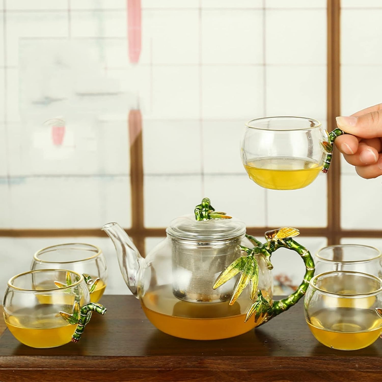 ティーポット ティーカップ セット エナメル 竹 ティーセット 耐熱ガラス ギフト 紅茶ポット フルーツティー リーフティー 工芸茶 おしゃれ 急須 湯呑み 茶ポット コップ 透明 保温 インテリア