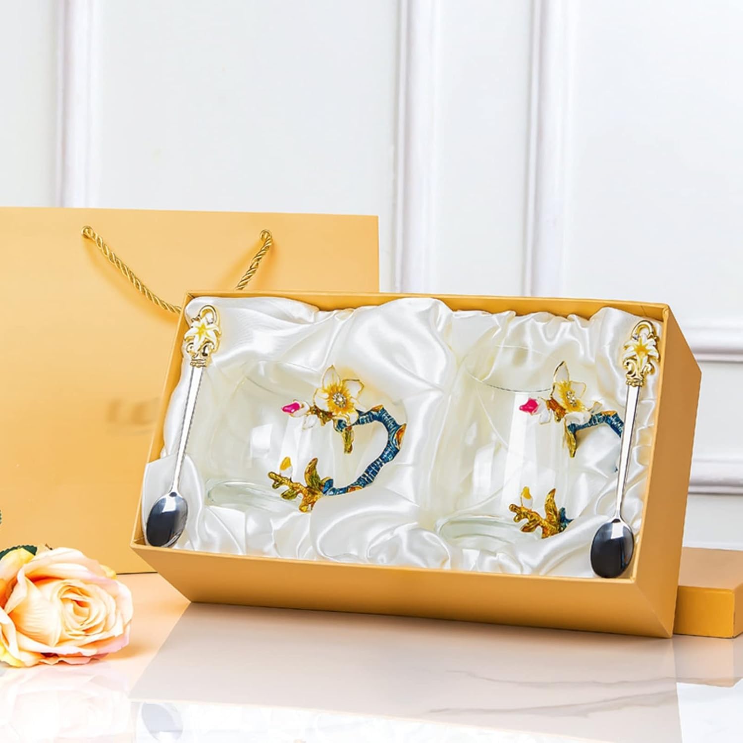 1客・2客セット カップ＆ソーサー＆匙 ティーカップセット ガラス エナメルフラワー ドリンクカップ 欧風 皿セット カフェ食器 来客用 自宅 プレゼント 母の日 お誕生日 デザート 牛乳 お茶用 ヴ