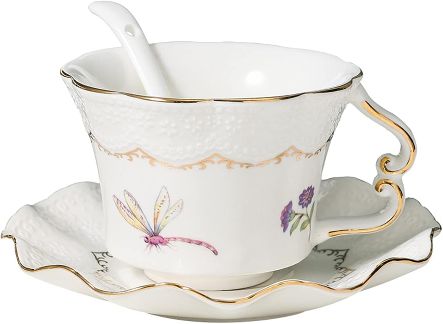 1客セット コーヒーカップソーサー ティーセット セラミック トンボ柄 ウォーターカップ ゴールデンリム 田園風 耐熱皿 来客 オフィス用 日常 ウエディング 結婚祝い ミルクティー 紅茶 コーヒー