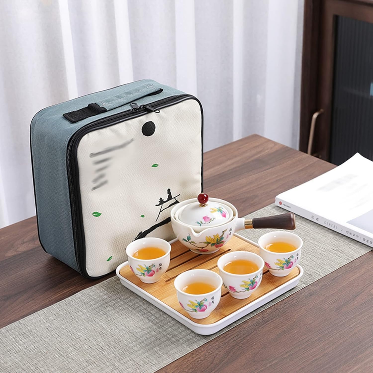 旅行茶具 番茶器セット 湯呑セット 5点セット ティーセット 和風 茶具セット 茶器 茶皿 茶器乾燥ティートレー マルチ 旅行ティーセット カップシンプル 陶器 中国茶器 茶器揃 携帯やすい 収納バッ