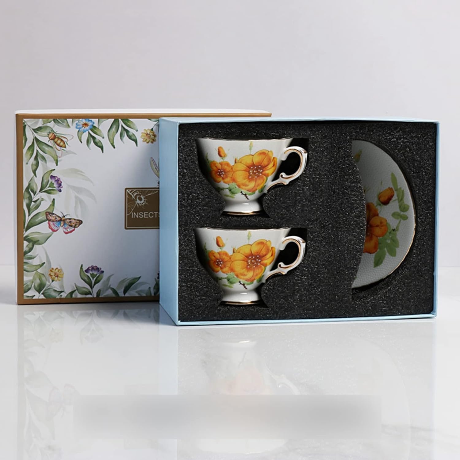 1客・2客セット コーヒーカップ ソーサー ティーカップセット ゴールデンリム フローラル ボーンチャイナ ドリンクカップ 西洋風 食器 来客 オフィス用 母へ 彼女 パーティー用 ミルクティー 紅茶