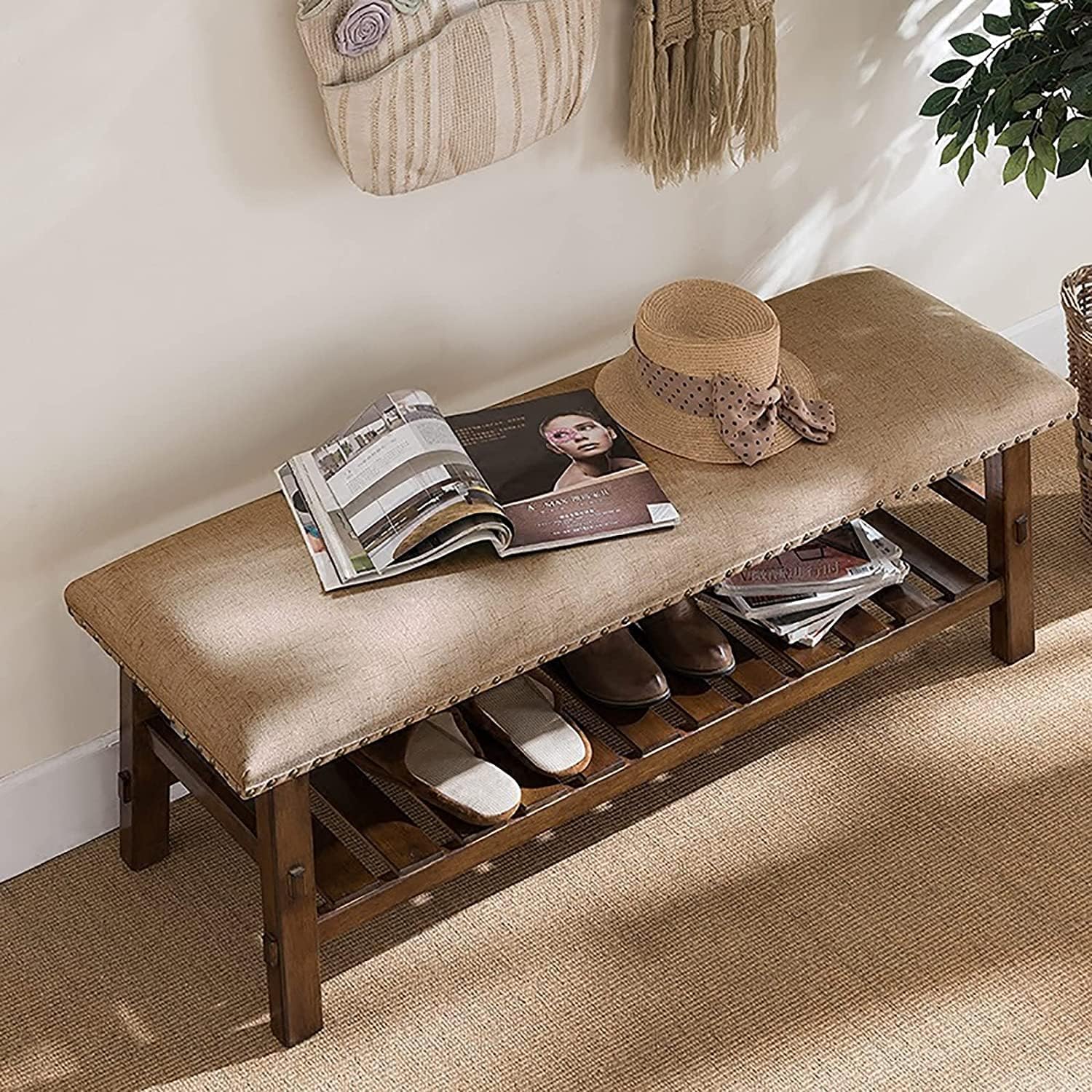 玄関靴ベンチ 収納ベンチ ベッドベンチの端 レトロなバックル付き玄関靴ラック、玄関寝室用のソフトク..