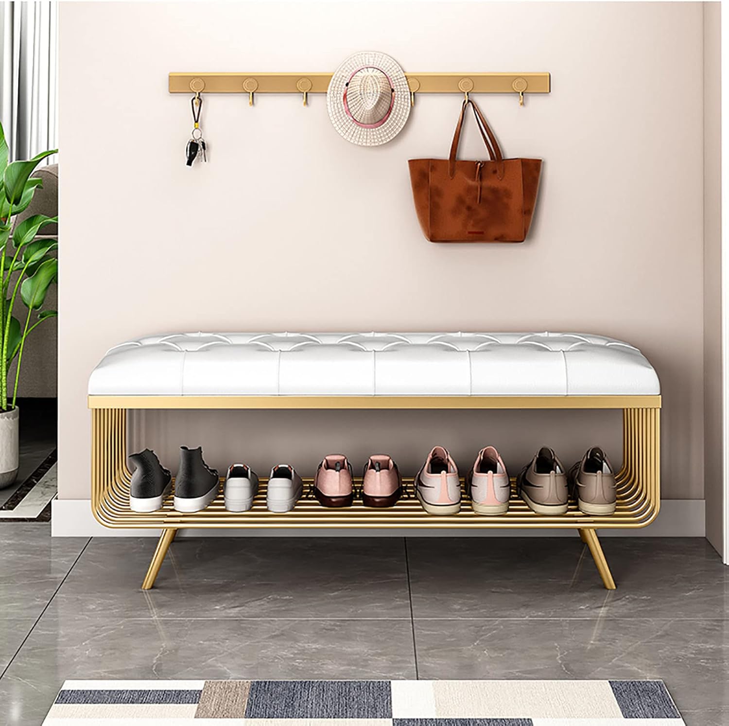 2 in 1シューズラックベンチ、ゴールデンシューズラック付きPU玄関ベンチ、ボタン布張りのベッドベンチ..