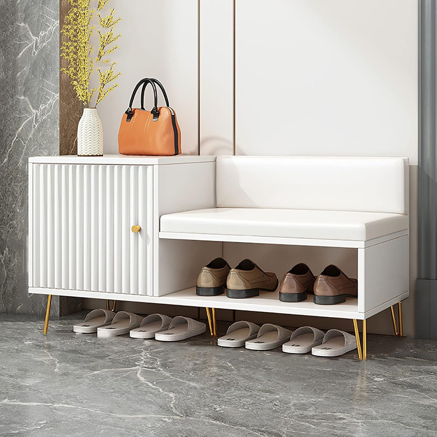 キャビネット付き靴収納ベンチ、棚付き玄関収納ベンチ、玄関、廊下、寝室、金属製の脚用のPUパッド入り..