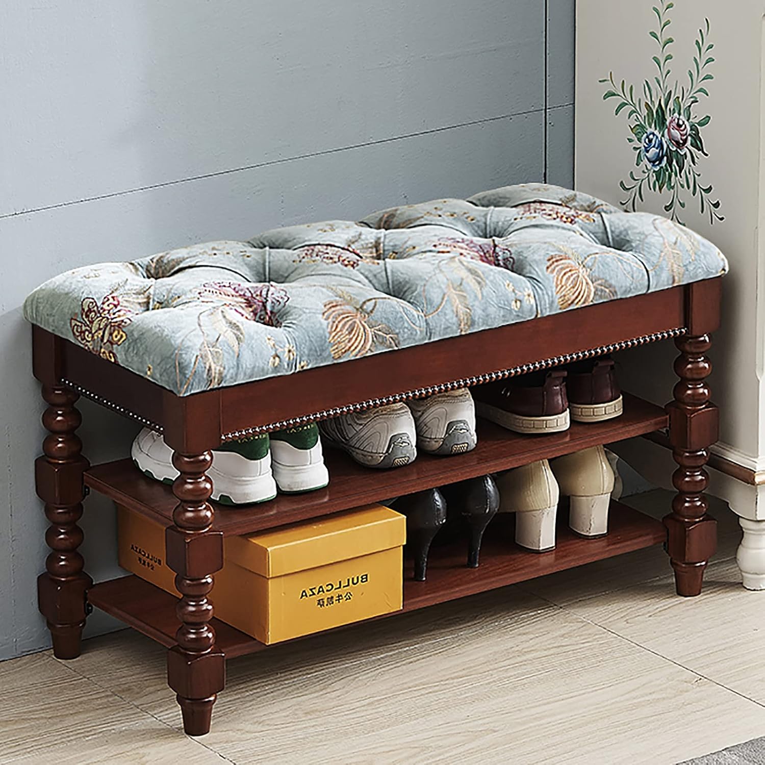 無垢材の玄関靴のベンチ ベルベット布張り収納ベンチ シート & 手刺繍,素朴な装飾家具廊下靴ラック ベ..