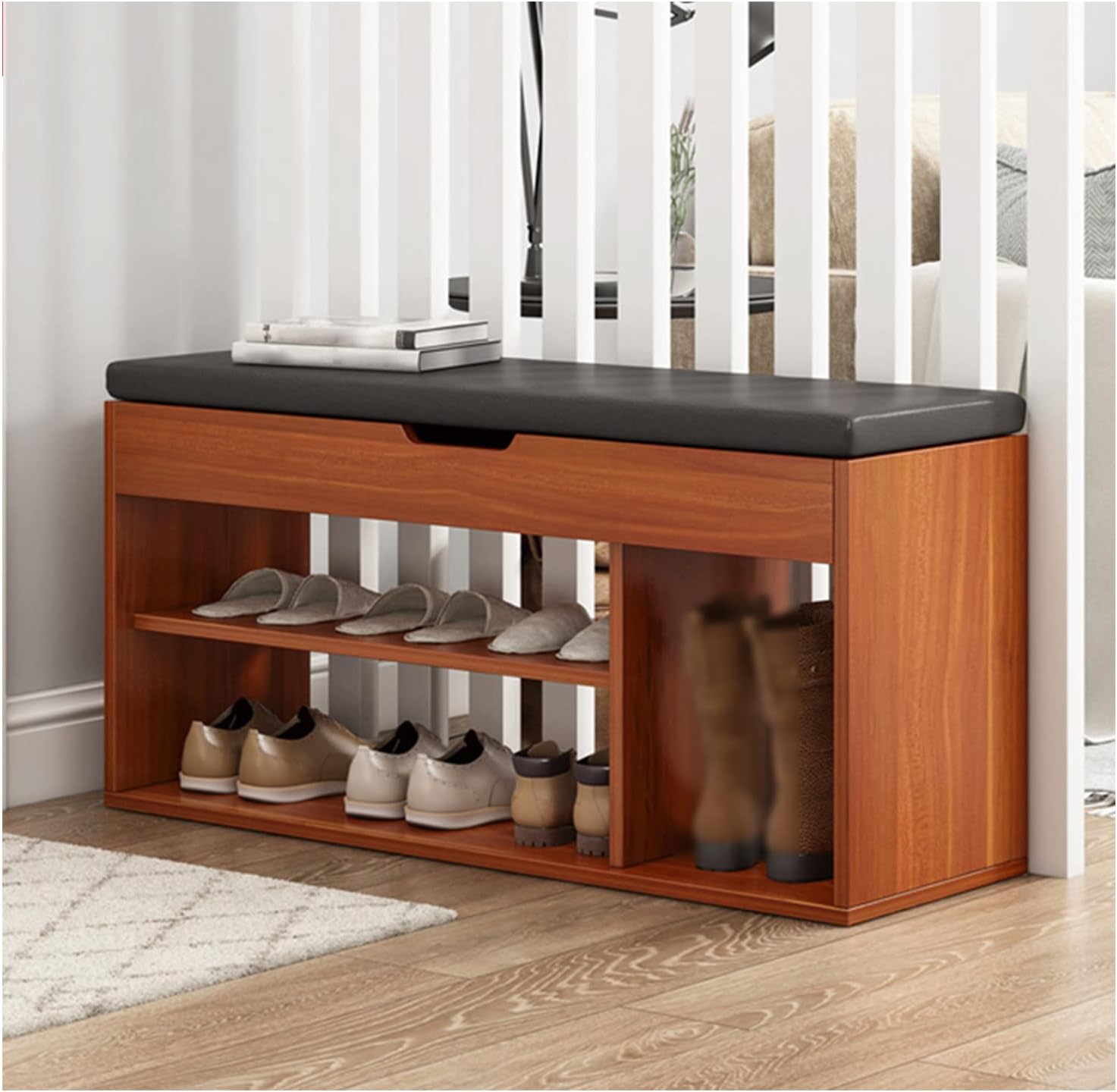 隠れたコンパートメントとクッションを備えた靴ラックベンチ、玄関3層靴オーガナイザー、ブーツ用MDF収..