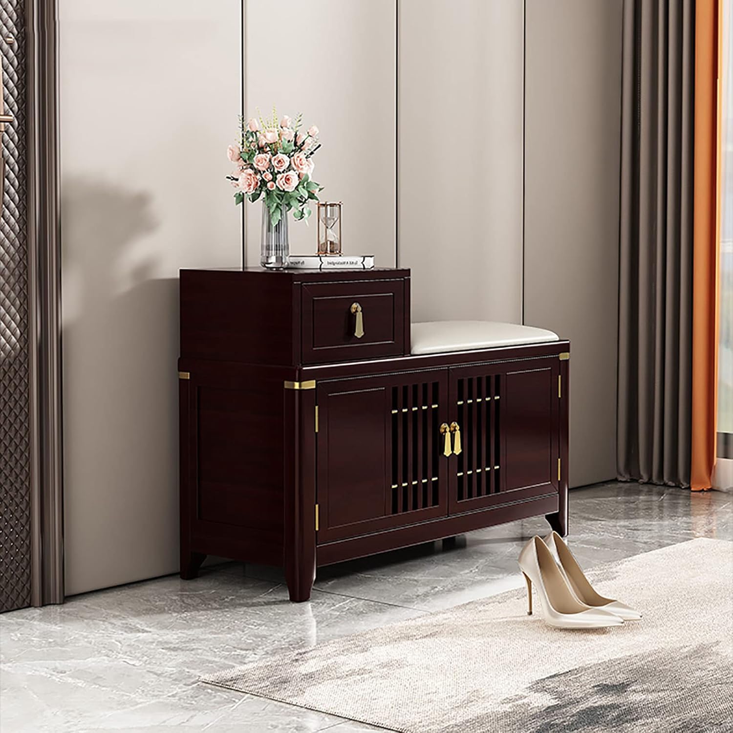 シート付き靴収納ベンチ、キャビネットと引き出し付き玄関ベンチ靴収納、靴キャビネット靴ラックオーガ..