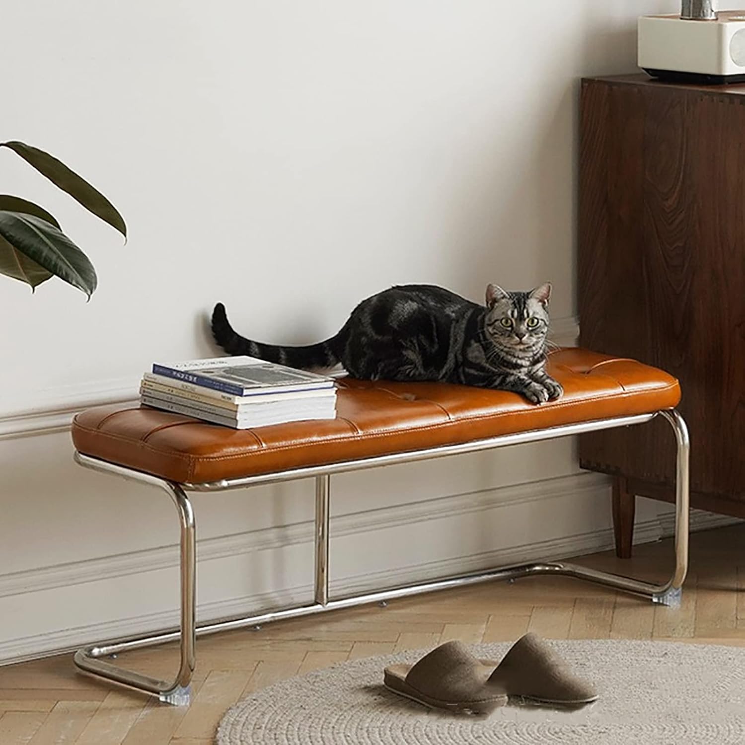 モダンな玄関ベンチ メタル ベース PU レザー シューズ ベンチ ベッド ベンチの端,快適な布張りのベン..