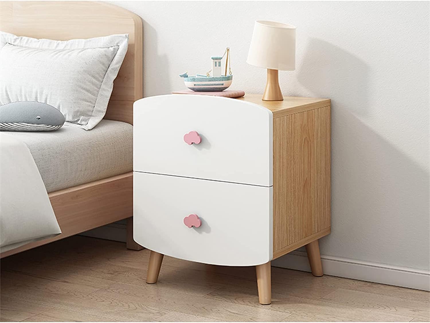 無垢材の子供用ベッドサイドテーブルホワイト、寝室用の漫画のナイトスタンド、シンプルな男の子と女の子のベッドサイドキャビネット2引き出し、リビングルームのベッドルーム40X34X46CM（色：ピンクのハ