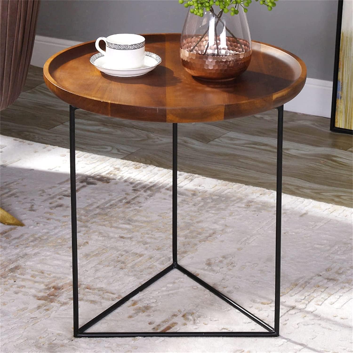 錬鉄製ラウンドエンドテーブル、ソファサイドテーブル、北欧の無垢材の小さなコーヒーテーブル、シンプ..