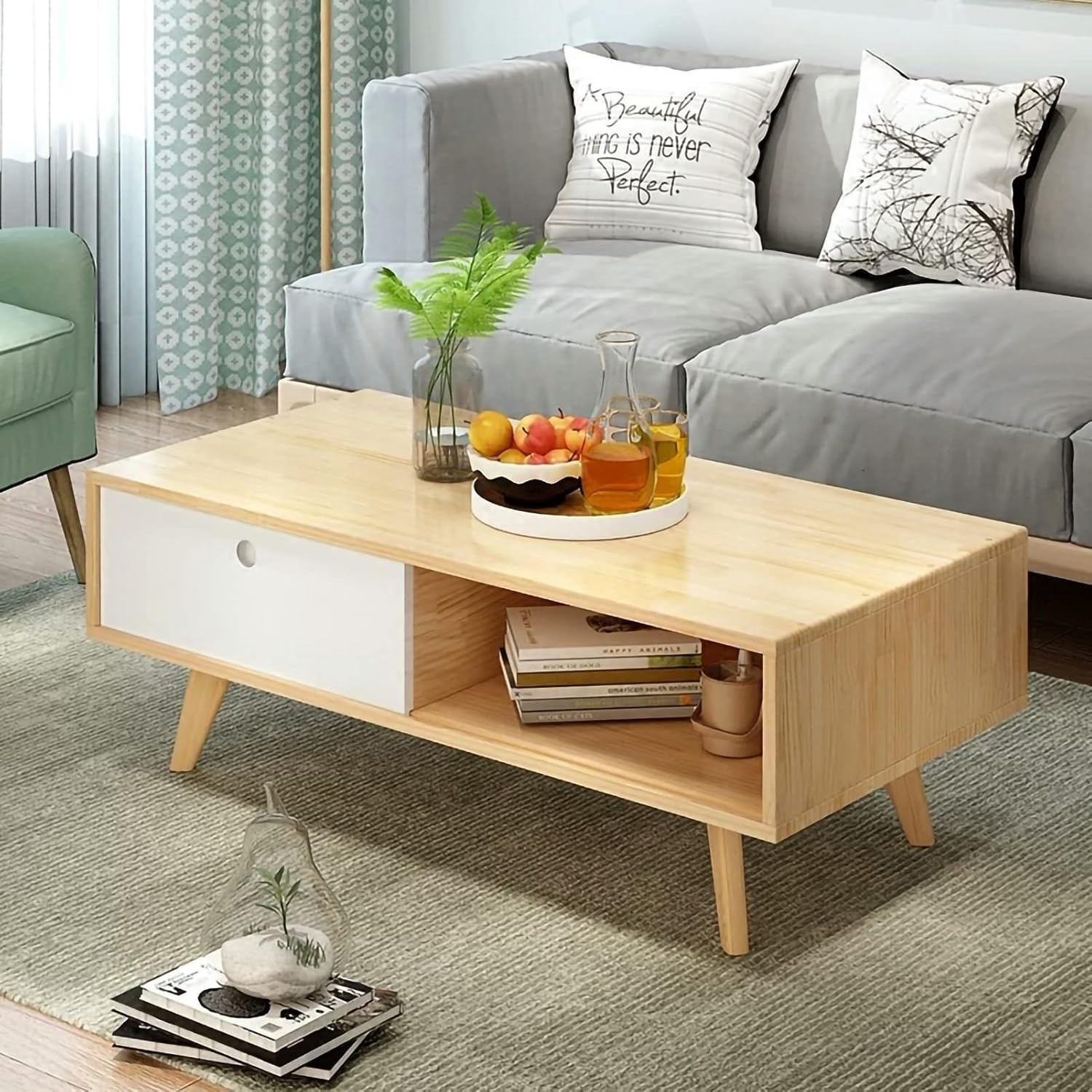 モバイルドアと収納棚付き無垢材コーヒーテーブル リビングルームテーブル センターテーブル 無垢材脚..