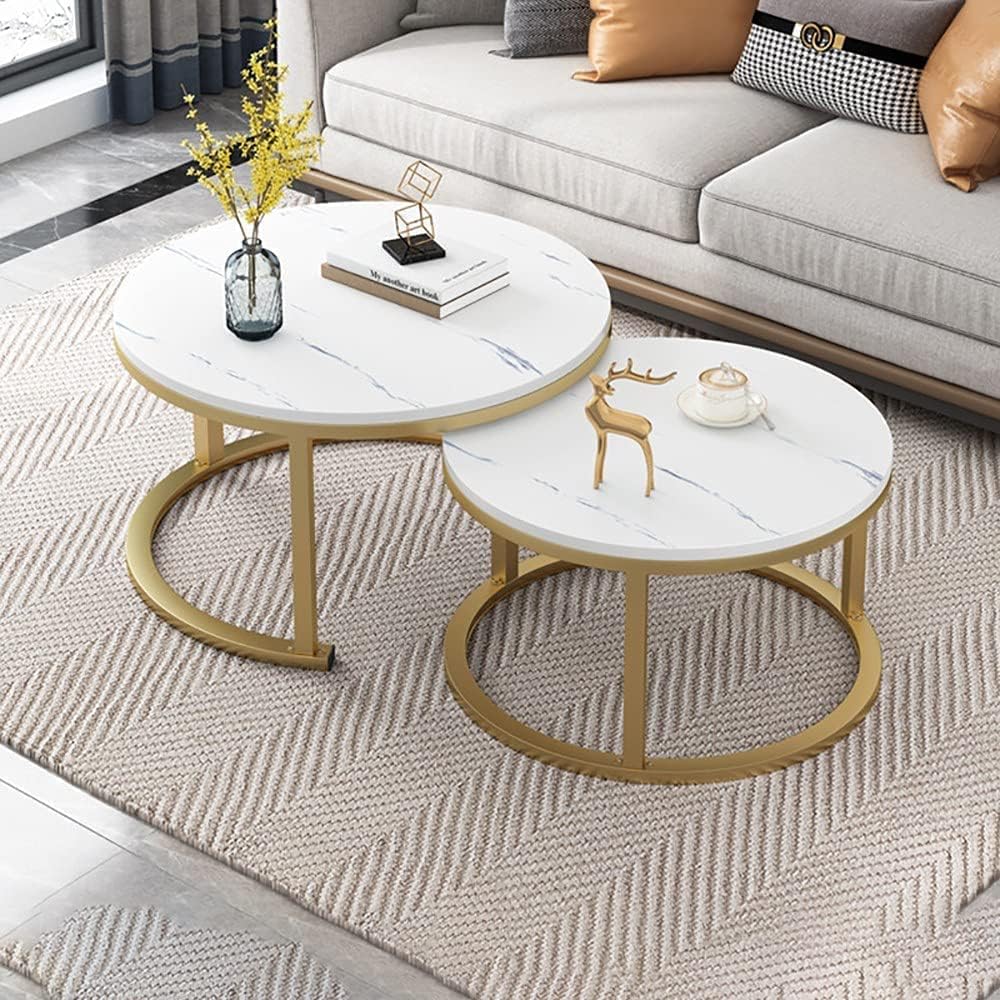 ラウンドコーヒーテーブル 2ラウンドネストテーブルセット サークルコーヒーテーブル 大理石パターン密..