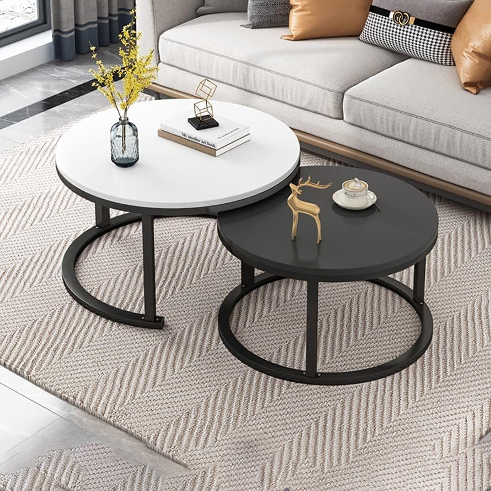 ラウンドコーヒーテーブル 2ラウンドネストテーブルセット サークルコーヒーテーブル 大理石パターン密..