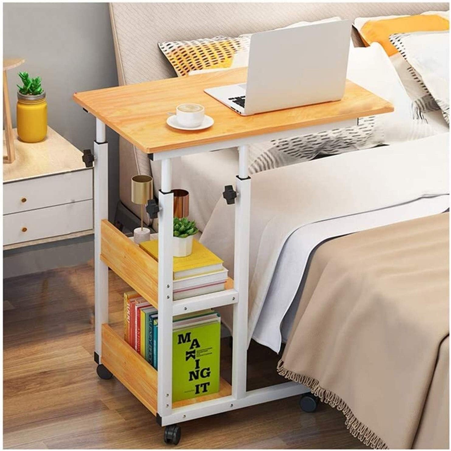 ベッドサイドテーブル キャスター付き ベッドサイドデスク C字型ベース ノートパソコンデスク ホームオ..