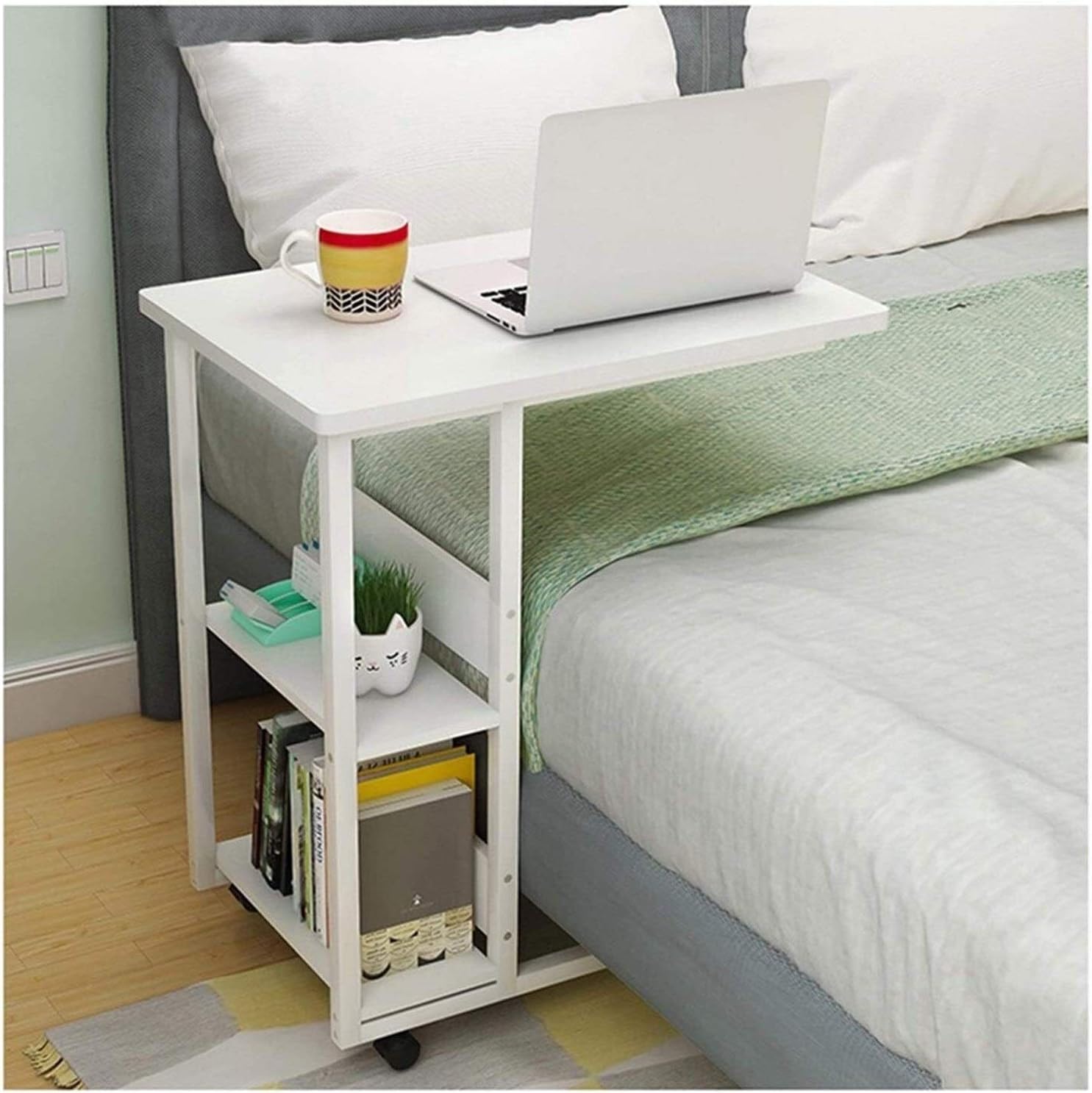ベッドサイドテーブル キャスター付き ベッドサイドデスク C字型ベース ノートパソコンデスク ホームオ..