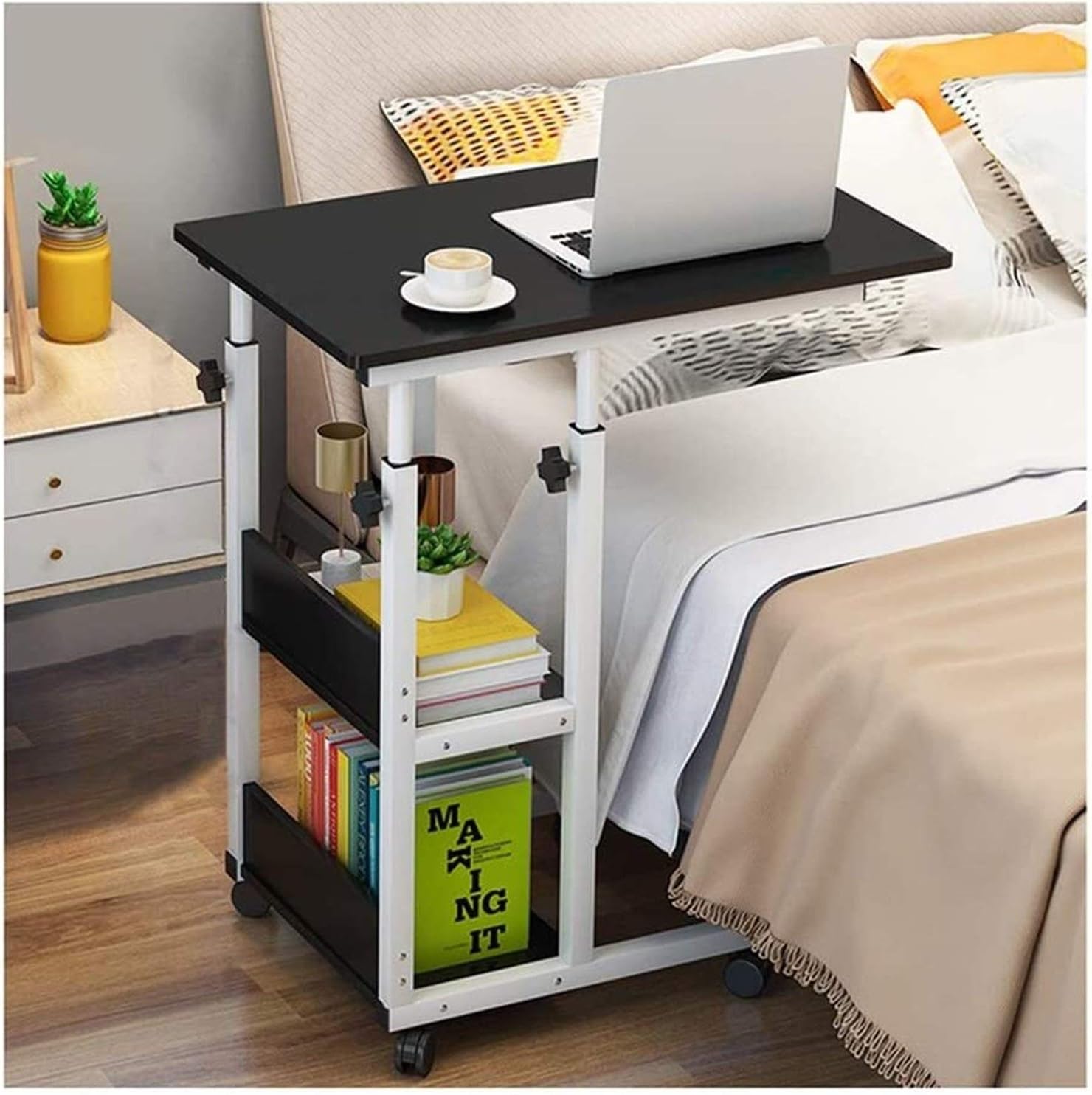 ベッドサイドテーブル キャスター付き C字型ベース ノートパソコンデスク ホームオフィス ベッドサイド..