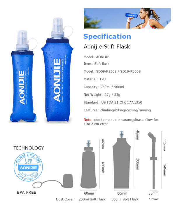 （送料無料）【AONIJIE】折りたためる 250ML スポーツボトル ハイドレーション ソフトウォーターボトル ウォーターキャリー 水分補給 無臭 ウォーターバッグ 折りたたみ給水袋　サイクリング 登山 ランニング 災害 防災