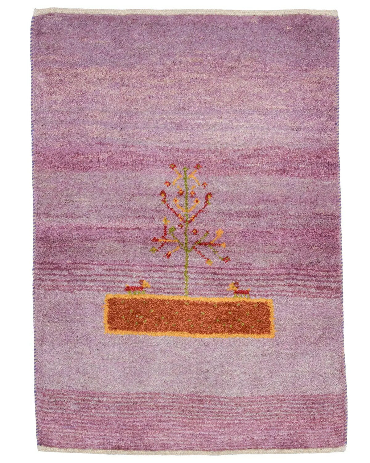 ペルシャギャッベ ファイン 約64cm x 92cm 玄関マット ウール100% パープル 紫 生命の樹 犬 羊毛 天然 ..