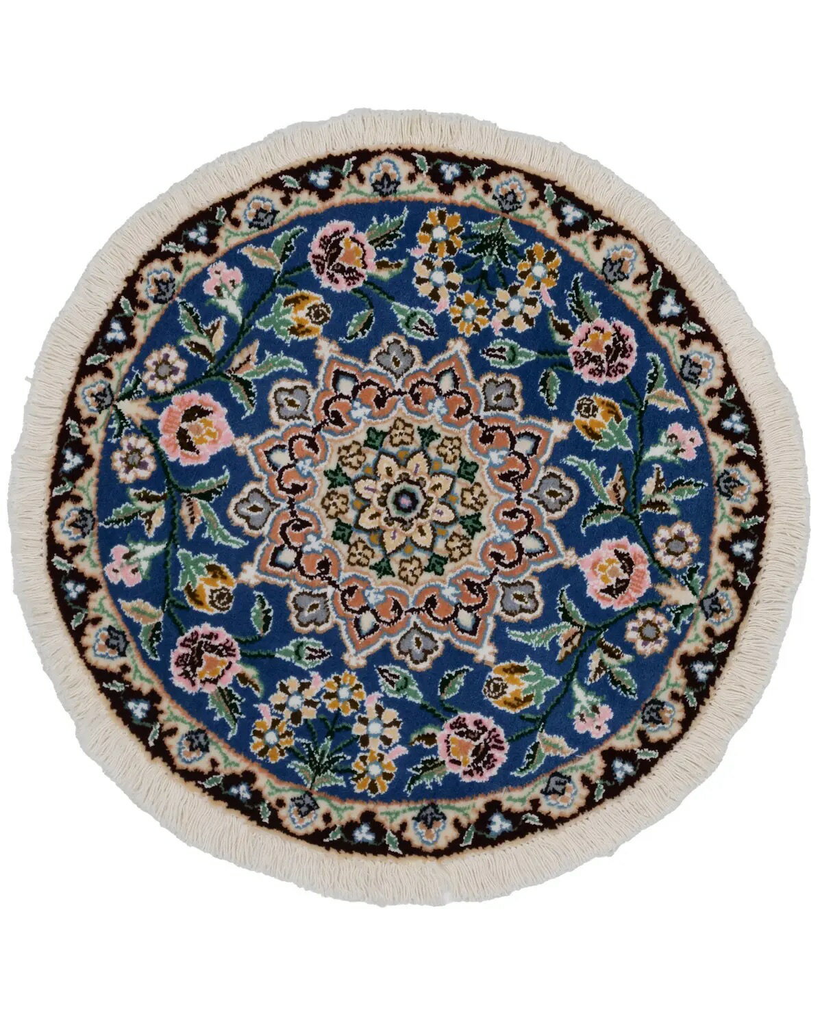ペルシャ絨毯 ナイン産 ウール 約55cm x 55cm 円形 ラウンド ブルー 青色 唐草模様 花柄 ウール シルク 羊毛 絹 高級 ホットカーペット対応 床暖房対応 オールシーズン 一年中 現品限り 一点もの 春 夏 秋 冬 手織り