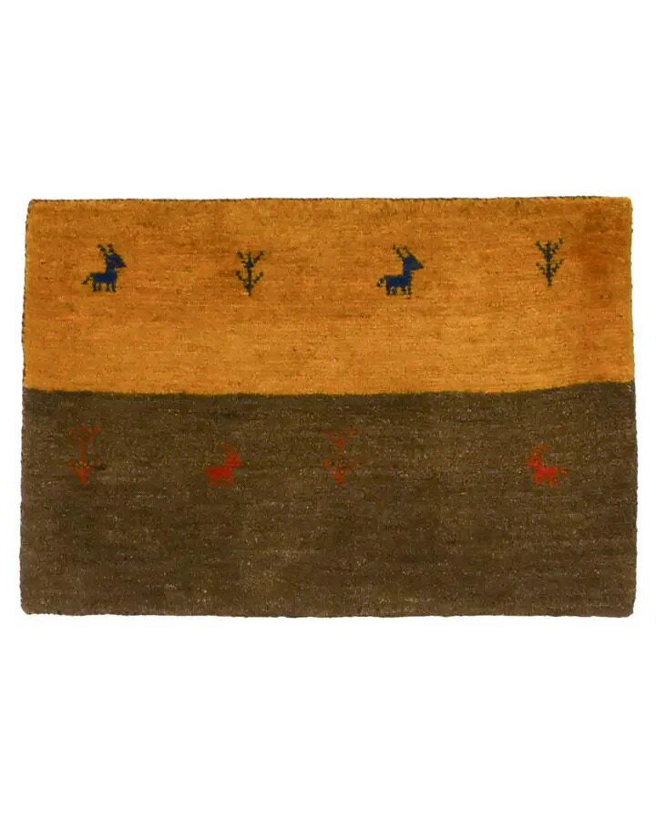 ペルシャギャッベ 約50cm x 80cm 玄関マット ギャッベ ブラウン イエロー 山吹色 茶色 ウール100% 羊毛 自然 モコモコ ふかふか クッション性 ボーダー 長方形 オールシーズン 春 夏 秋 冬 床暖房対応 ホットカーペット対応 厚手 現品限り 手織り(3.0)