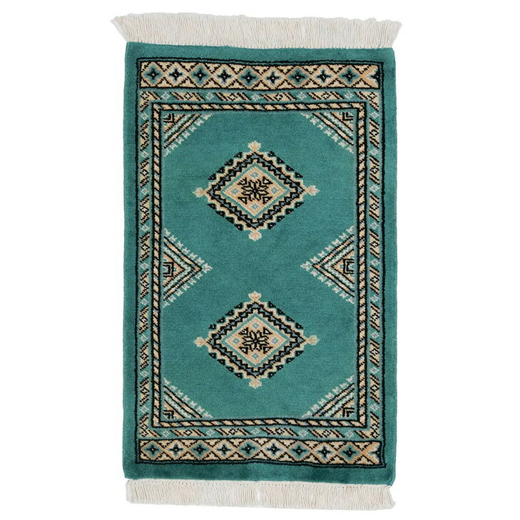 パキスタン絨毯 約47cm x 74cm 玄関マット グリーン 緑色 ウール 羊毛 現品限り ラグマット 幾何学模様..