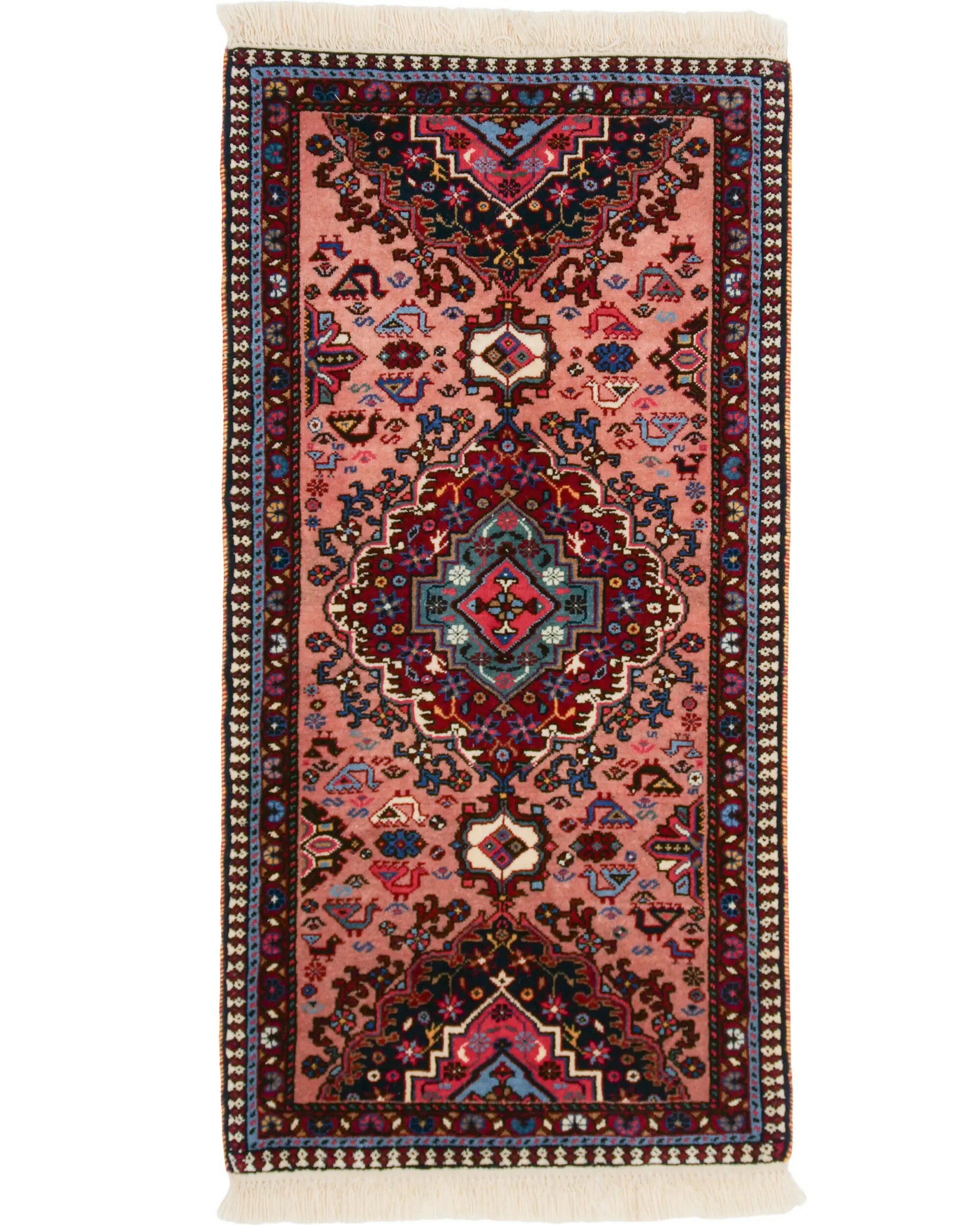 ペルシャ絨毯 ヤラメ 約63cm x 122cm 玄関マット リビング ピンク 花 星 孔雀 長方形 羊毛 ウール メダリオン ホットカーペット対応 床暖房対応 室内 オールシーズン 一年中 現品限り 一点もの 高級 北欧 絨毯 ラグ 春 夏 秋 冬 手織り