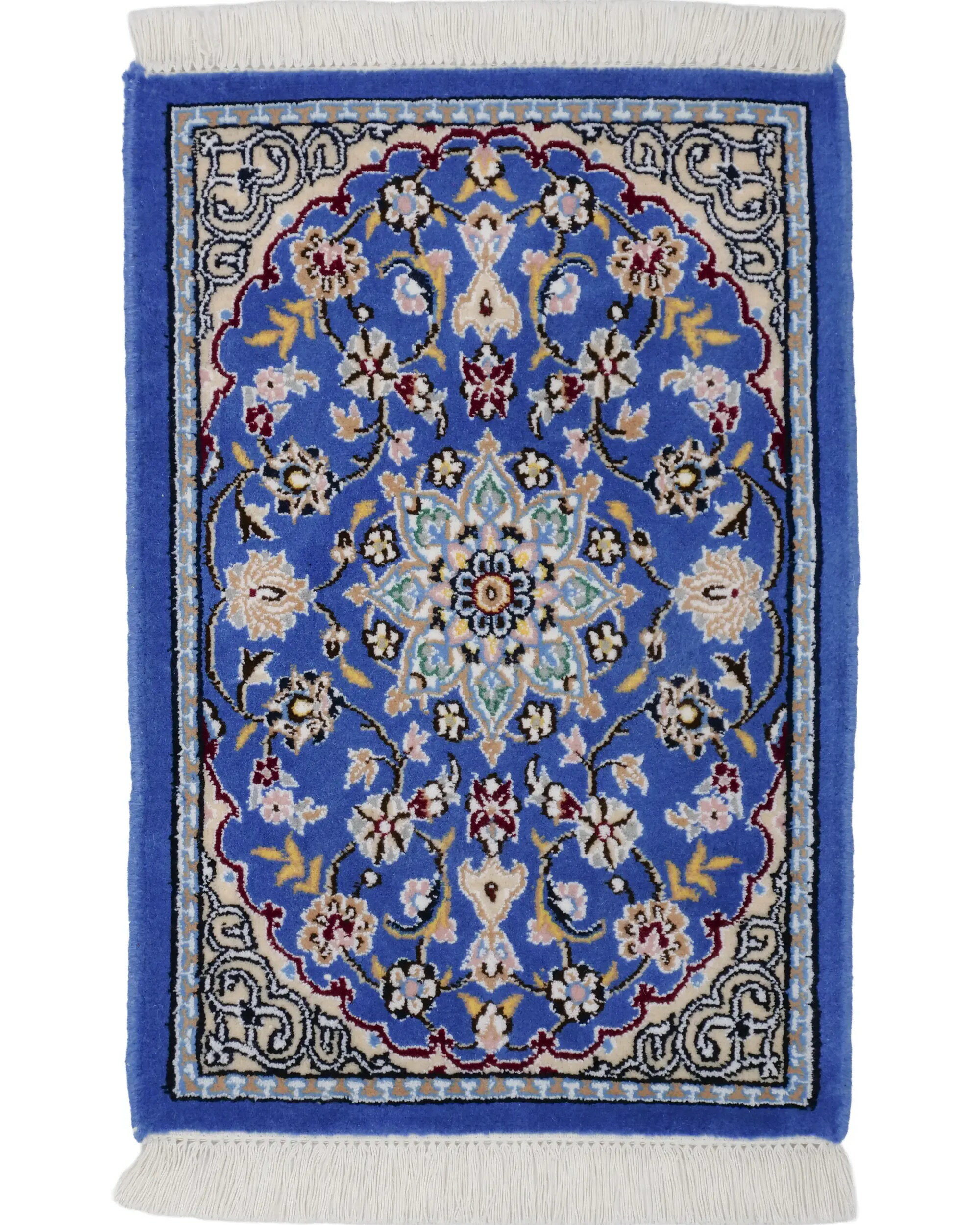 ペルシャ絨毯 ナイン産 約41cm x 60cm 玄関マット ブルー 青色 メダリオン 唐草模様 羊毛 絹 かわいい おしゃれ 高級 ホットカーペット対応 床暖房対応 オールシーズン 一年中 春 夏 秋 冬 現品限り 一点もの ペルシャ製 手織り