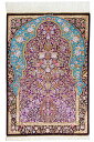 ペルシャ絨毯 シルク 約60cm x 89cm 玄関マットサイズ 絹 パープル 紫 ラジュワルディ工房 サラサラ ツヤツヤ 艶 光沢 上品 高級 メダリオン 唐草模様 花柄 花瓶 生命の樹 ホットカーペット対応 床暖房対応 一年中 オールシーズン 現品限り 一点もの ペルシャ製 手織り