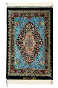 ペルシャ絨毯 クム シルク 約50cm x 75cm 玄関マットサイズ 絹 ターコイズブルー 青 シャリヤール工房 サラサラ ツヤツヤ 艶 光沢 上品 高級 メ...