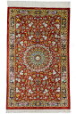 ペルシャ絨毯 クム産 シルク 約73cm x 119cm 玄関マット リビング レッド 赤色 メダリオン シルク 絹 絵画 タペストリー 壁 サラサラ ツヤツヤ...