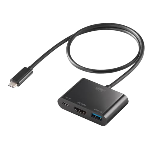 ブラック/-/AD-ALCPHDPD02・パッケージ個数:1・USB Type-C搭載（映像出力に対応したType-Cポートのみ）のパソコンやタブレットからHDMI入力端子を持つディスプレイやテレビなどに映像や音声を出力することができます。・USB Type-C接続でのディスプレイ増設「DisplayPort Alternate Mode」に対応するためソフトウェアのインストールなしで簡単にマルチディスプレイ環境（ミラーモード/拡張モード）を実現できます。・4K(3840×2160)/60Hz解像度に対応しており美しく高精細なHDMI信号を出力できます。・USB 5Gbps Aポート×1を搭載しUSBマウス、USBキーボードなどを接続することができます。・USB 5Gbps Type-Cポート×1を搭載し、USBハブポートとして利用可能。PDアダプタ（パソコンに付属するPD用アダプタなど）接続にも対応しており、本製品経由でパソコン本体に充電することもできます。※140WまでのPDアダプタに対応しています。●USB Type-C搭載（映像出力に対応したType-Cポートのみ）のパソコンやタブレットからHDMI入力端子を持つディスプレイやテレビなどに映像や音声を出力することができます。 ●USB Type-C接続でのディスプレイ増設「DisplayPort Alternate Mode」に対応するためソフトウェアのインストールなしで簡単にマルチディスプレイ環境（ミラーモード/拡張モード）を実現できます。 ●4K(3840×2160)/60Hz解像度に対応しており美しく高精細なHDMI信号を出力できます。 ●USB 5Gbps Aポート×1を搭載しUSBマウス、USBキーボードなどを接続することができます。 ●USB 5Gbps Type-Cポート×1を搭載し、USBハブポートとして利用可能。PDアダプタ（パソコンに付属するPD用アダプタなど）接続にも対応しており、本製品経由でパソコン本体に充電することもできます。 ※140WまでのPDアダプタに対応しています。 ●ケーブル長が50cmのため接続・取り回しが容易にできます。≪ご購入前にご確認ください≫ ※USB Type-Cポートを搭載し、DisplayPort Alternate Modeに対応しているパソコンでご使用いただけます。 ※USB PD対応機器への充電時は、別途USB PDアダプタをご用意ください。 ※本製品の最大転送速度はUSB 5Gbps（理論値）になります。 ※本製品はUSB 5Gbpsに対応しておりますがUSB 5Gbps（理論値）の転送速度をするものではありません。 ※本製品のUSBポートにはUSB2.0規格の機器を接続できますが、転送速度はUSB2.0の転送速度になります。 ※本製品はUSBハブですが全てのUSB機器に接続、動作をできるものではありません。 ※USB Type-C接続のモニターには対応していません。 ※パソコン本体に付属のPD対応ACアダプタを使用しセルフパワーとしても使用できます。 ※Nintendo Switch(TM)には対応していません。 ＜USB＞ ■インターフェース規格：USB 5Gbps（USB3.2 Gen1/3.1 Gen1/3.0）準拠 ■コネクタ形状（ダウンストリーム）：USB 5Gbps Aコネクタ メス×1 USB 5Gbps Type-Cコネクタ メス×1 ■コネクタ形状（アップストリーム）：USB 5Gbps Type-Cコネクタ オス ■コネクタ形状（PC接続側）：USB Type-C ■電源：セルフパワー・バスパワー両対応 ※パソコン本体に付属のPD対応ACアダプタ等を使用しセルフパワーとしても使用できます。 ※45W以下のACアダプタを使用する場合はパソコンが充電モードに入らない場合があります。 ■供給電流： USB 5Gbps Type-Cコネクタ（パソコン接続用）/USB PD対応（最大130W） USB 5Gbps Cコネクタ/1ポートあたり最大1500mA USB 5Gbps Aコネクタ/1ポートあたり最大1500mA 合計最大3000mAまで ※バスパワー接続時に接続する機器の消費電流が本製品の供給電流を超える場合、正常に動作しないことがあります。 ■ポート数（合計）：2ポート ＜PD＞ ■PD対応：対応 ■PD仕様： PD最大入力/140W PD最大出力/130W ＜映像出力ポート＞ ■ポート形状：HDMIタイプA（19pin） メス ■対応解像度：最大表示解像度：4K/60Hz ※4K/60Hzでの出力はパソコン側のType-CポートがDP1.4に対応している必要があります。 ※パソコン、プロジェクターやディスプレイ、接続ケーブルなどが同じ解像度に対応している必要があります。 ■最大対応解像度：4K/60Hz ■HDR対応：対応 ■HDCP：HDCP1.4、HDCP2.2、HDCP2.3 ＜映像規格＞ ■HDMI規格：HDMI2.0 ＜共通仕様＞ ■ケーブル長：0.5m ■ケーブル径：4.2mm ■サイズ：W40×D14×H59mm（ケーブル除く） ■重量：約38g ■シールド方法：3重シールド