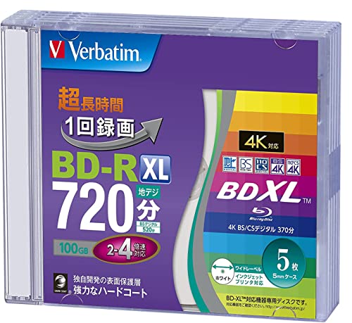 5枚パックホワイトプリンタブル/1回録画 100GB/VBR520YP5V2・Size:1回録画 100GBStyle:5枚パック・パッケージ個数:1・品種:録画用 BD-R XL(100GB)・1回録画用・録画時間:地デジ 720分 / BSデジタル520分・盤面印刷:○（ホワイト） / 範囲:22mm-118mm(ワイド)・倍速:2-4倍速 ケース:5mmスリムケース 入り数:5枚1枚で100GB、地デジなら12時間分保存！ 4K番組の保存にも対応した3層ブルーレイディスク 本製品は、BDXL規格に準拠した、容量100GBと大容量の録画用3層ブルーレイディスクです。 1層や2層のメディアに比べて2倍以上の容量のため、ハイビジョンでたっぷりデータを保存することができます。 一回録画用追記型なので、大事な番組を消す心配はなく、また、空き容量がある限り何度でも追加でダビングできます。 うまく書き込めなかった時は・・・ ・ディスクに汚れ（指紋・ほこり等）はありませんか？ ・書き込み機器（PC・レコーダー）のファームウェアは最新ですか？ 上記を確認の上、万一当社の製造上の原因による品質不良がありました場合は、ご購入後1年以内に限り、同数の新しい製品とお取り替えいたします。 ご購入日を示す納品書やレシートをご準備いただき、サポートセンターまでご連絡ください。 ※記録内容の復旧/は行っておりません。 （お問合せ先/日本総代理店 株式会社アイ・オー・データ機器） ・電話番号：050-3116-3022 　受付時間：9：00〜17：00　月〜金(祝祭日を除く)