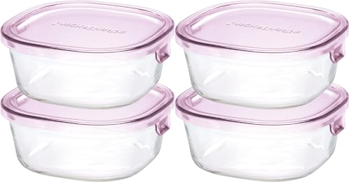 iwaki(イワキ) 耐熱ガラス 保存容器 ピンク 角型 S 450ml ×4個セット ごはん 1膳 パック&レンジ KC3240N-P 送料無料