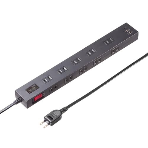 ブラック/1m/TAP-SP2110NUC-1BK・Color:ブラックSize:1m・パッケージ個数:1・小型ACアダプタが差し込める（差込口ピッチ45mm）10個口電源タップ。iPadなどのタブレットの充電器接続に便利です。・雷ガードを内蔵しており、恐ろしい雷から機器をガードします。雷ガード作動中確認ランプ付きです。・一括集中スイッチ付きで、接続した機器の電源をまとめてON/OFFできます。・USB-AポートとPD20W対応のType-Cポートが装備されており、スマホやタブレットなどの充電もできます。・ブレーカーを内蔵しており、許容量をオーバーした場合ブレーカーが作動し事故を防止します。●小型ACアダプタが差し込める（差込口ピッチ45mm）10個口電源タップ。iPadなどのタブレットの充電器接続に便利です。 ●雷ガードを内蔵しており、恐ろしい雷から機器をガードします。雷ガード作動中確認ランプ付きです。 ●一括集中スイッチ付きで、接続した機器の電源をまとめてON/OFFできます。 ●USB-AポートとPD20W対応のType-Cポートが装備されており、スマホやタブレットなどの充電もできます。 ●ブレーカーを内蔵しており、許容量をオーバーした場合ブレーカーが作動し事故を防止します。 ●スチール机に仮固定できるマグネット付きです。 ●差込口にはシャッターが付いていますので、異物混入やホコリ防止にも役立ちます。≪ブレーカー作動時間について≫ 接続している機器の消費電力の合計が1500Wを超えた場合、ブレーカーが作動し電源が切れます。 ≪ご注意≫ 消費電力が1500Wを超えても、すぐに電源は切れません。 オーバーした消費電力の％によって、ブレーカーが作動するまでの時間は異なります。 ・135％オーバー時（2025W）約1時間 ・200％オーバー時（3000W）約4〜50秒 ・300％オーバー時（4500W）約0.8〜12秒 ・500％オーバー時（7500W）約0.3〜4秒 ※室温25℃の場合 ≪ブレーカーが作動した場合≫ 一度接続した機器をタップから外し、1500W以下になるように機器を取り除き、リセットボタンを押して再度お使いください。 ■カラー：ブラック ■定格容量：14A・100V（合計1400Wまで） ■プラグ：2P・スイング式 ■差込口：2P・10個口、USB-A×2ポート、Type-C×1ポート ■差込口間隔：45mm/1個口だけ58mm間隔があります。 ■絶縁キャップ：あり ■シャッター：あり ■マグネット：あり ■雷ガード：あり ■コード長：1m ■ブレーカー：一括集中スイッチ型 ■コードの種類（被ふく）：二重被ふくコード ■サイズ：W350×D45×H27mm ■重量：約390g ■バリスタ電圧：470V ■制限電圧：775V ■サージ耐量：2500A ■定格出力：合計20W 【USB-A】DC5V/3A、9V/2A、12V/1.5A 【Type-C】DC5V/3A、9V/2.22A、12V/1.67A ※A1/A2 同時使用の場合、5V/3A 15W最大 ※C1＋A1/C1＋A2/A1＋A2/C1＋A1＋A2 それぞれ同時使用の場合、5V/3A 15W最大 ※Type-C PD最大出力20W ■使用地域：日本国内のみ。日本以外ではご使用いただけません。 ■認証：電気用品安全法（PSE）技術基準適合品