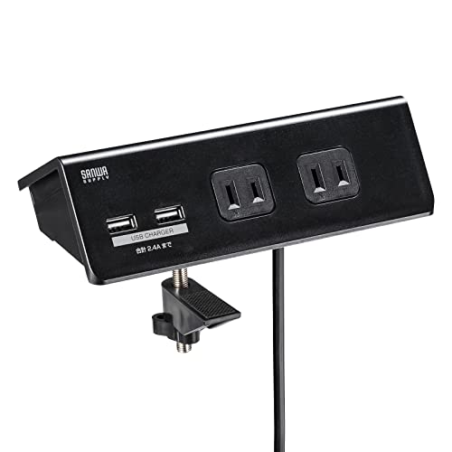 USB A×2ブラック/-/TAP-B105U-3BKN・Color:ブラックStyle:USB A×2PatternName:新モデル・パッケージ個数:1・クランプで固定して使用できる便利なUSBポート付きタップです。・抜き差しの多い機器のプラグは、前面に差し込み、ほとんど抜き差ししないプラグは背面に差して使用できます。・前面には、USBポートが2つあり、スマートフォンやタブレットの充電にも簡単に使えます。・安全を考慮したブレーカー内蔵の一括集中スイッチ付きで、一括のON・OFFが可能です。・トラッキング火災予防絶縁キャップ付きのスイングプラグを採用しています。●クランプで固定して使用できる便利なUSBポート付きタップです。 ●抜き差しの多い機器のプラグは、前面に差し込み、ほとんど抜き差ししないプラグは背面に差して使用できます。 ●前面には、USBポートが2つあり、スマートフォンやタブレットの充電にも簡単に使えます。 ●安全を考慮したブレーカー内蔵の一括集中スイッチ付きで、一括のON・OFFが可能です。 ●トラッキング火災予防絶縁キャップ付きのスイングプラグを採用しています。 ●底面には滑り止めシートが付いています。 ●タップの筐体がオフィス用デスクに合うようなスマートな仕上がりにしています。 ■カラー：ブラック ■定格入力：AC100〜125V 50/60Hz ■AC差込口定格容量：14A・100V（1400Wまで） ■AC差込口数：2P・4個口（前面2個口、背面2個口） ■USBポート定格入力：DC5V・2.4A（合計） ■USBポート数：USB Aポート×2（前面のみ） ■プラグ仕様：2P（絶縁キャップ付きスイングプラグ） ■コード：VFF 1.8スケア（SQ）×2心 仕上り外形寸法 約4.2mm×7.6mm ■電源コード長：3m ■クランプ固定範囲：天板厚みで10mm〜50mmまで対応可能 ※天板をしっかりと固定するためには50mm以下のある程度の厚みが必要です。 ■サイズ：W182.5×D80×H46mm（クランプを除く） ■使用地域：日本国内のみ。日本以外ではご使用いただけません。 ■適合規格 ：電気用品安全法（PSE）技術基準適合品