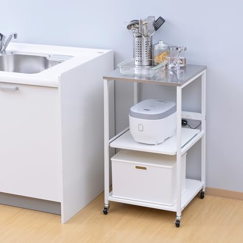 山善(YAMAZEN) レンジラック キッチンワゴン レンジ台 スライド棚 2口コンセント キャスター付き キッチンラック (ステンレス 送料無料