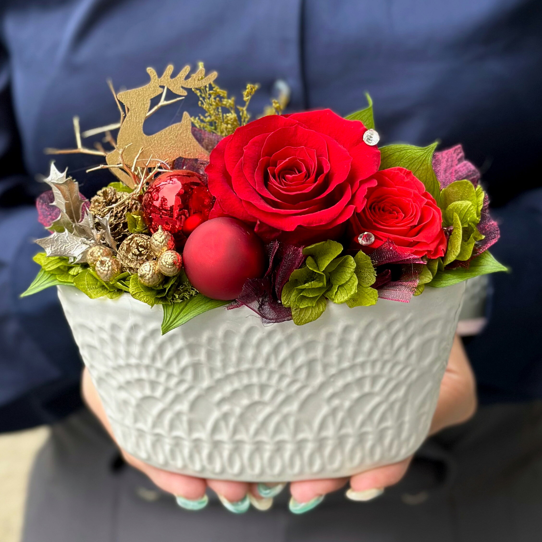 プリザーブドフラワー「ルドルフ（赤鼻のトナカイ）」クリスマス バラ クリスマス飾り オーナメント 花..