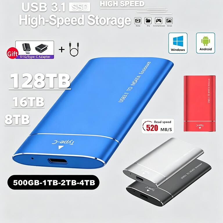 Rakuten - SSD 1TB 外付 ポータブルSSD 外付けハードディス USB-A/USB-C両対応 500GB 超薄型ポータブル ハードディスク 2TB USB3.1 Type-C 対応 スマホ互換可 耐衝撃