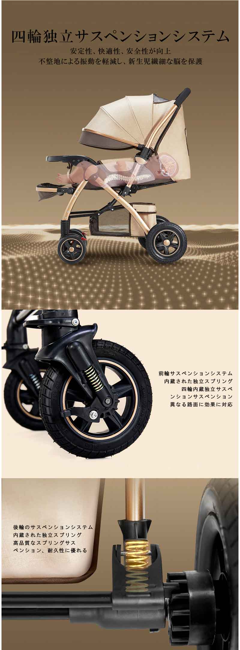 【期間限定】なんと1000円割引クーポンあり！ベビーカー チャイルドシートトベルシステム新生児~36か月 リクライニング サスペンション 寝る 座る 背面 面対面 大車輪 ハイシート熱中症対策 出産祝い 出産準備 大型車の排気ガスと地上熱からお子様を守る 3