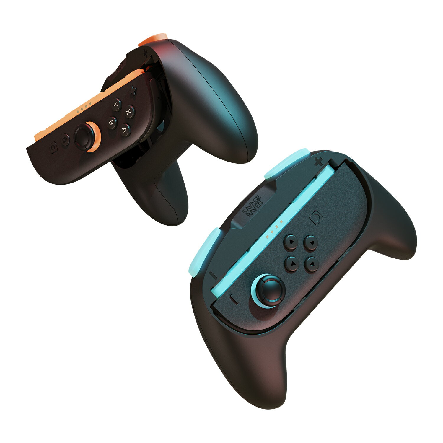 Switch2対応ミニコン Joy-Con用 グリップカバー 人間工学デザイン 滑り止め 簡単装着 長時間プレイ快適「ブラック+レッドブルー二つ入り」| Savage Raven by Skull & Co.