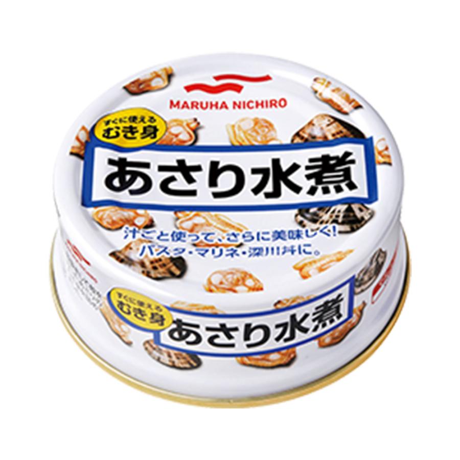 すぐに使えるむき身 砂抜きして殻を取ったあさりのむき身を詰めました。汁ごと使って、さらに美味しく！パスタ・マリネ・深川丼に。商品名マルハニチロ あさり水煮 内容量65g×48缶 原材料あさり（中国）、食塩／調味料（アミノ酸等）、リン酸塩（Na）、pH調整剤 備考■この商品は沖縄県・離島へはお届けできません。該当のご注文はキャンセル処理を行います。■箱に直接、配送伝票を貼った形でのお届けとなります。熨斗・ギフト包装などはできません。