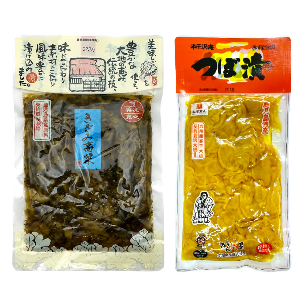 ■鹿児島特産 つぼ漬 細かく刻んだ干し大根を醤油漬にした「つぼ漬け」。 九州産寒干大根を大型冷蔵庫で低温発酵しました。 南九州発祥の漬物で、500年以上の歴史があります。 凝縮された醤油の旨みや甘みがご飯によく合い、お箸が止まらない美味しさ！ 鹿児島特産の風味豊かなつぼ漬けです。 ■きざみ高菜 鹿児島県産の契約農家で栽培された三池高菜を使用し、古たかな独特の風味を活かした商品です。 独自の漬込み製法と氷温熟成技術により、脱塩をせず風味を残した、高品質な仕上がりです。 ごはんに、油炒めに、チャーハンなどに最適です。 【水溜食品】 鹿児島県のおいしい漬物といえば水溜食品。1941年の創業以来、鹿児島県と宮崎県の農産物を使用し、伝統の技術と手作りの味にこだわって、寒干大根や高菜漬けなどのさまざま製品を作っています。食の安全と安心、そして美味しさの追求のために確かな品質管理を徹底しています。 商品名水溜食品・鹿児島特産 つぼ漬・きざみ高菜 内容量■つぼ漬：250g×3袋■きざみ高菜：200g×3袋 原材料【つぼ漬】干しだいこん（九州産）、漬け原材料〔糖類(果糖ぶどう糖液糖、砂糖)、食塩、醤油、アミノ酸液、発酵調味液、醸造酢、煮干しエキス、唐辛子〕／酸味料、調味料(アミノ酸等)、酒精、グリシン、保存料(ソルビン酸K)、甘味料(サッカリンNa、ステビア、甘草)、メタリン酸Na、黄色4号、増粘多糖類、香料、（一部に小麦・大豆を含む）【きざみ高菜】たかな（鹿児島県産）、漬け原材料〔醤油、食塩、果糖ぶどう糖液糖、アミノ酸液、醸造酢、唐辛子］／酒精、酸味料、調味料(アミノ酸等)、甘味料(甘草)、香料、着色料（ウコン）、(一部に小麦、大豆を含む) 保存方法直射日光、高温多湿を避けて保存してください。 備考■この商品は沖縄県・離島へはお届けできません。該当のご注文はキャンセル処理を行います。■箱に直接、配送伝票を貼った形でのお届けとなります。熨斗・ギフト包装などはできません。